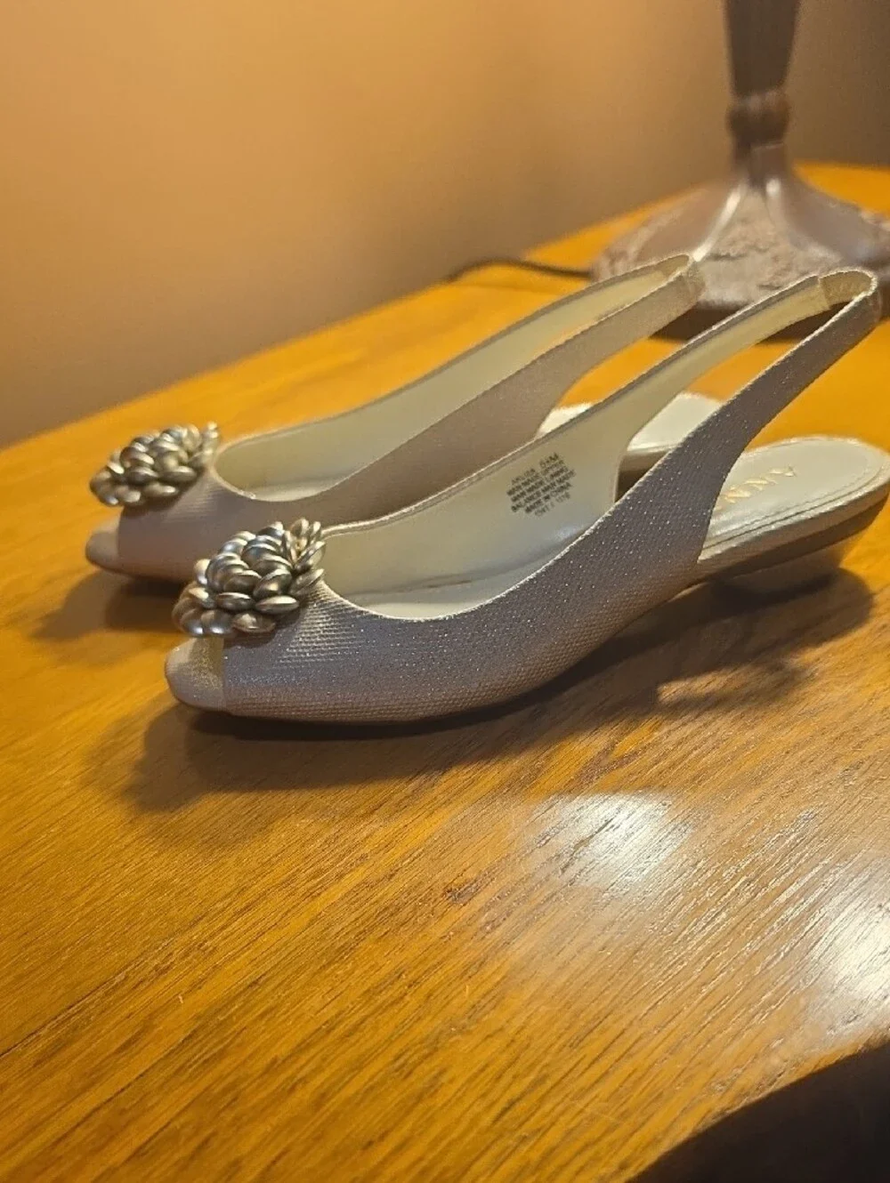 Anne Klein Silver Peep-Toe Slingback Heels with Floral Ornament